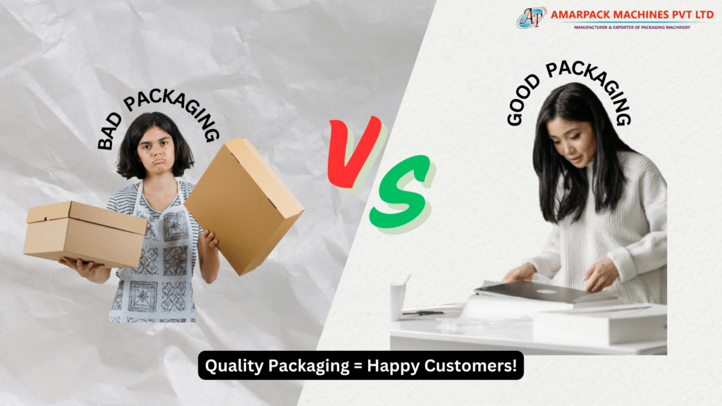 A side-by-side comparison image of bad packaging vs. good packaging. The left side shows a frustrated customer holding damaged boxes, while the right side shows a happy customer receiving a neatly packed product. This image highlights the importance of high-quality packaging for customer satisfaction and brand reputation.