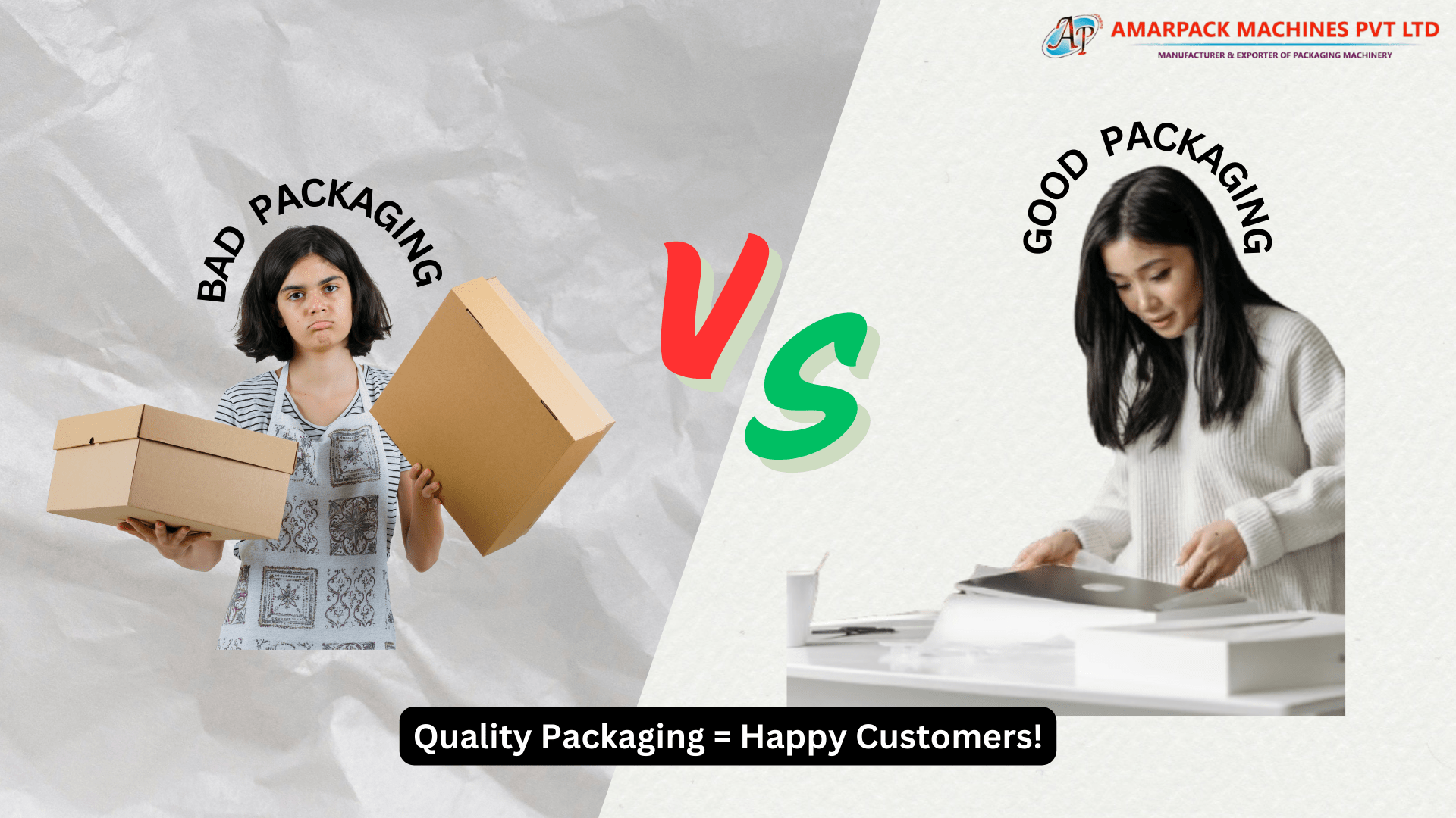 A side-by-side comparison image of bad packaging vs. good packaging. The left side shows a frustrated customer holding damaged boxes, while the right side shows a happy customer receiving a neatly packed product. This image highlights the importance of high-quality packaging for customer satisfaction and brand reputation.
