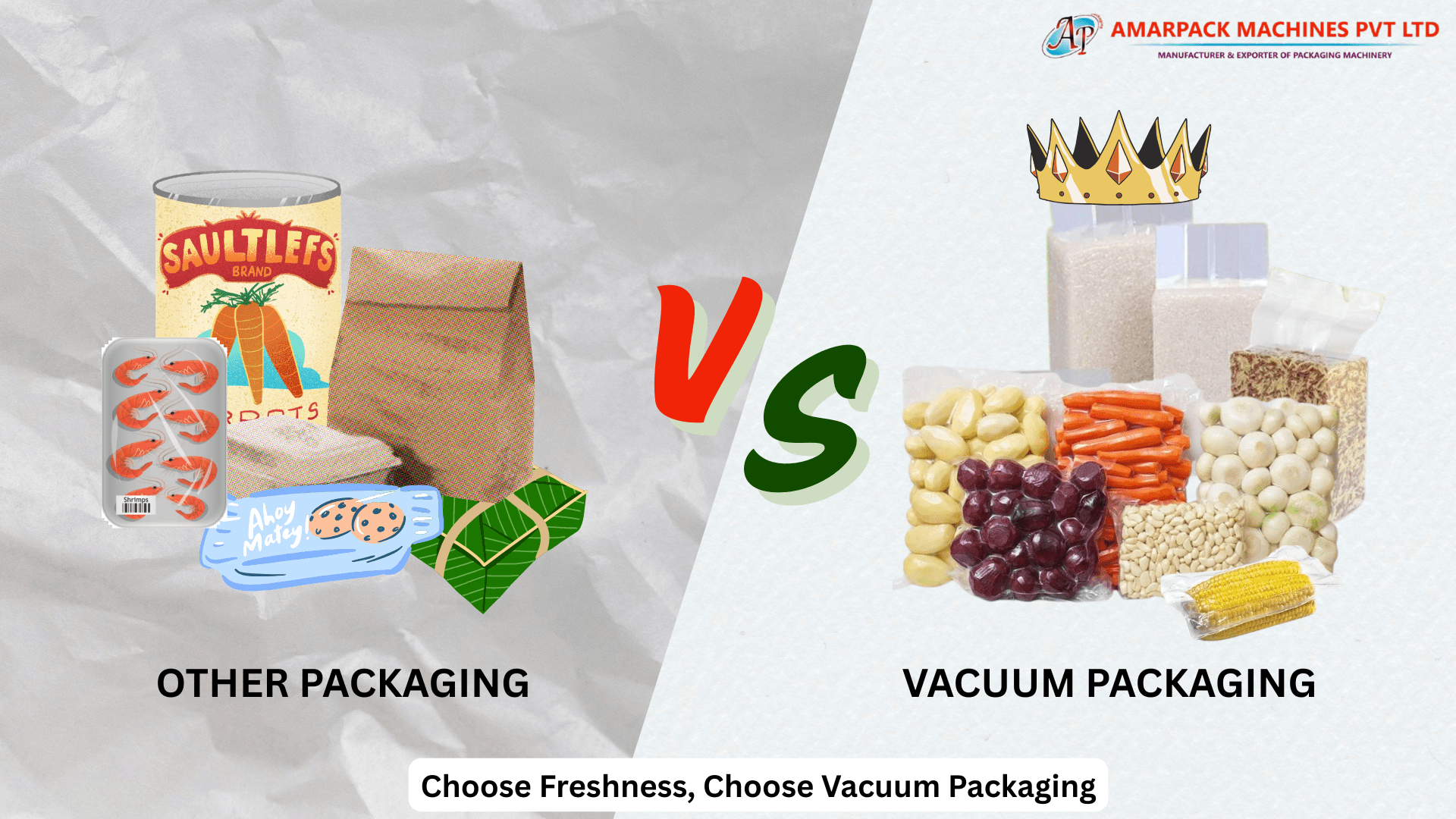 Comparison of other packaging vs. vacuum packaging, showing the difference in product freshness and quality.
