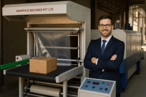 Shrink Wrapping Machine for Your Business, Indian businessman unboxing a triple-function packaging machine, Automatic Web Sealer With Shrink tunnel Is the best packaging machine for group packaging of boxes, FMGC products as well as group packaging of bottles,