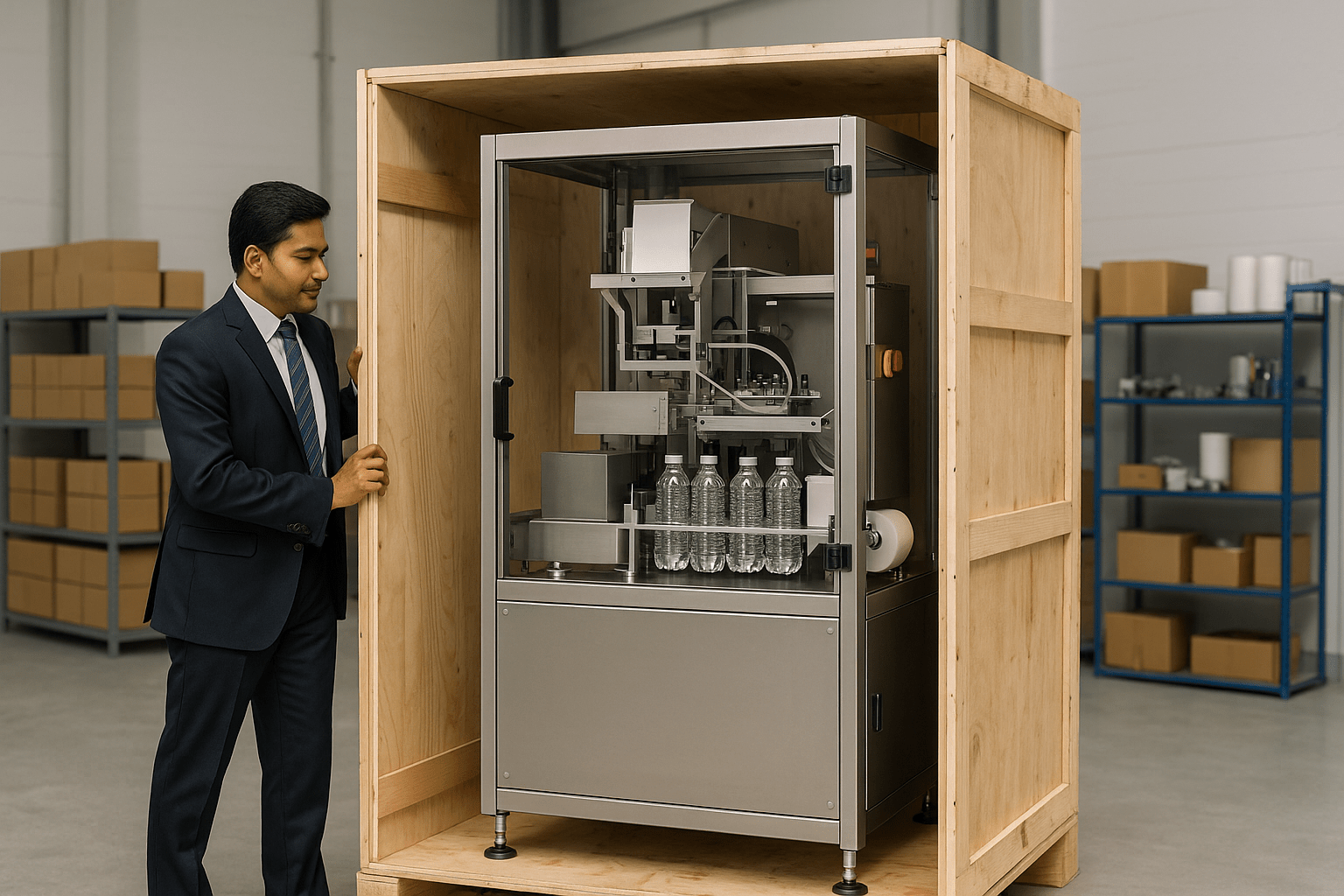 Indian businessman unboxing a triple-function packaging machine