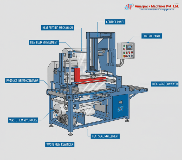 Automatic L-Sealer With Shrink tunnel Diagram reference illustrating film feeding mechanism, heat sealing element, conveyors, control panel, and waste film rewinder
