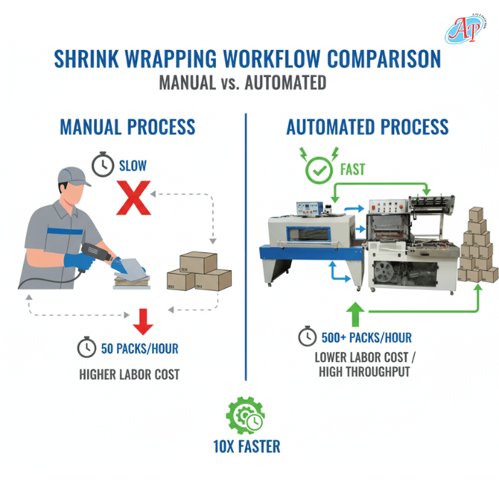 An L sealer shrink tunnel automates the sealing process using heat-sealing bars, ensuring uniform seals and higher consistency compared to manual shrink wrapping methods.