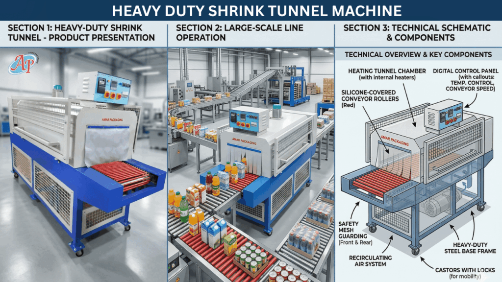 heavy duty shrink tunnel machine in a large industrial packaging line with high-capacity conveyor system