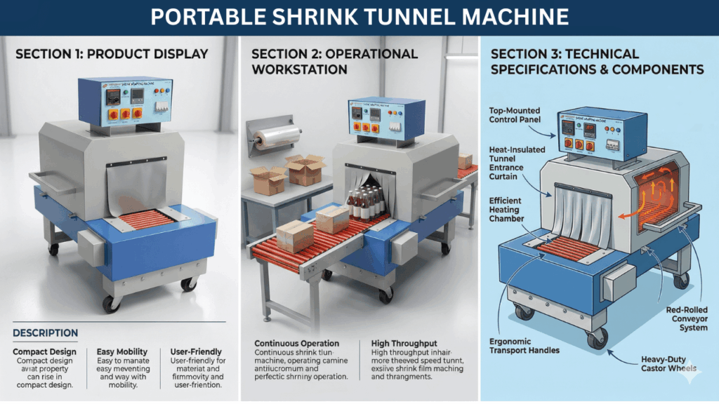 portable shrink tunnel machine showing product display, packaging operation, and machine components