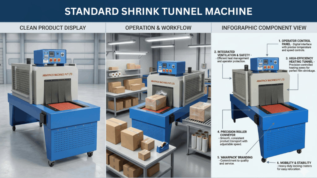 standard shrink tunnel machine operating in a medium-scale packaging line with conveyor system