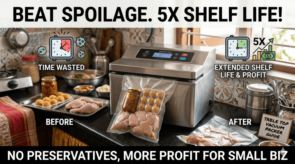 For most small food businesses, the difference between profit and loss comes down to one invisible enemy: time. A pickle jar that spoils in two months, a batch of laddoos that goes stale in a week, a tray of chicken that has to be sold the same day — every hour your product sits on a shelf, it loses value. Now imagine stretching that shelf life by five times — without adding preservatives, without a commercial cold storage, and without a factory-scale setup. That is exactly what thousands of home kitchens, cloud brands, regional snack makers, and neighborhood meat shops are doing today with a single compact device: the table top vacuum packing machine. In this guide, we break down how the technology works, which food categories see the biggest shelf-life gains, what the real ROI looks like for a small business, and how to pick the right machine so you don’t waste money on the wrong specs.