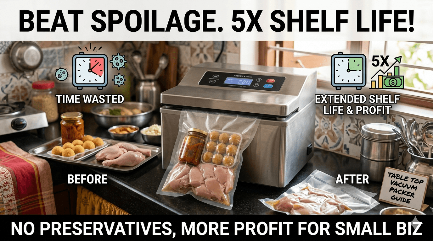 For most small food businesses, the difference between profit and loss comes down to one invisible enemy: time. A pickle jar that spoils in two months, a batch of laddoos that goes stale in a week, a tray of chicken that has to be sold the same day — every hour your product sits on a shelf, it loses value.
Now imagine stretching that shelf life by five times — without adding preservatives, without a commercial cold storage, and without a factory-scale setup. That is exactly what thousands of home kitchens, cloud brands, regional snack makers, and neighborhood meat shops are doing today with a single compact device: the table top vacuum packing machine.
In this guide, we break down how the technology works, which food categories see the biggest shelf-life gains, what the real ROI looks like for a small business, and how to pick the right machine so you don’t waste money on the wrong specs.