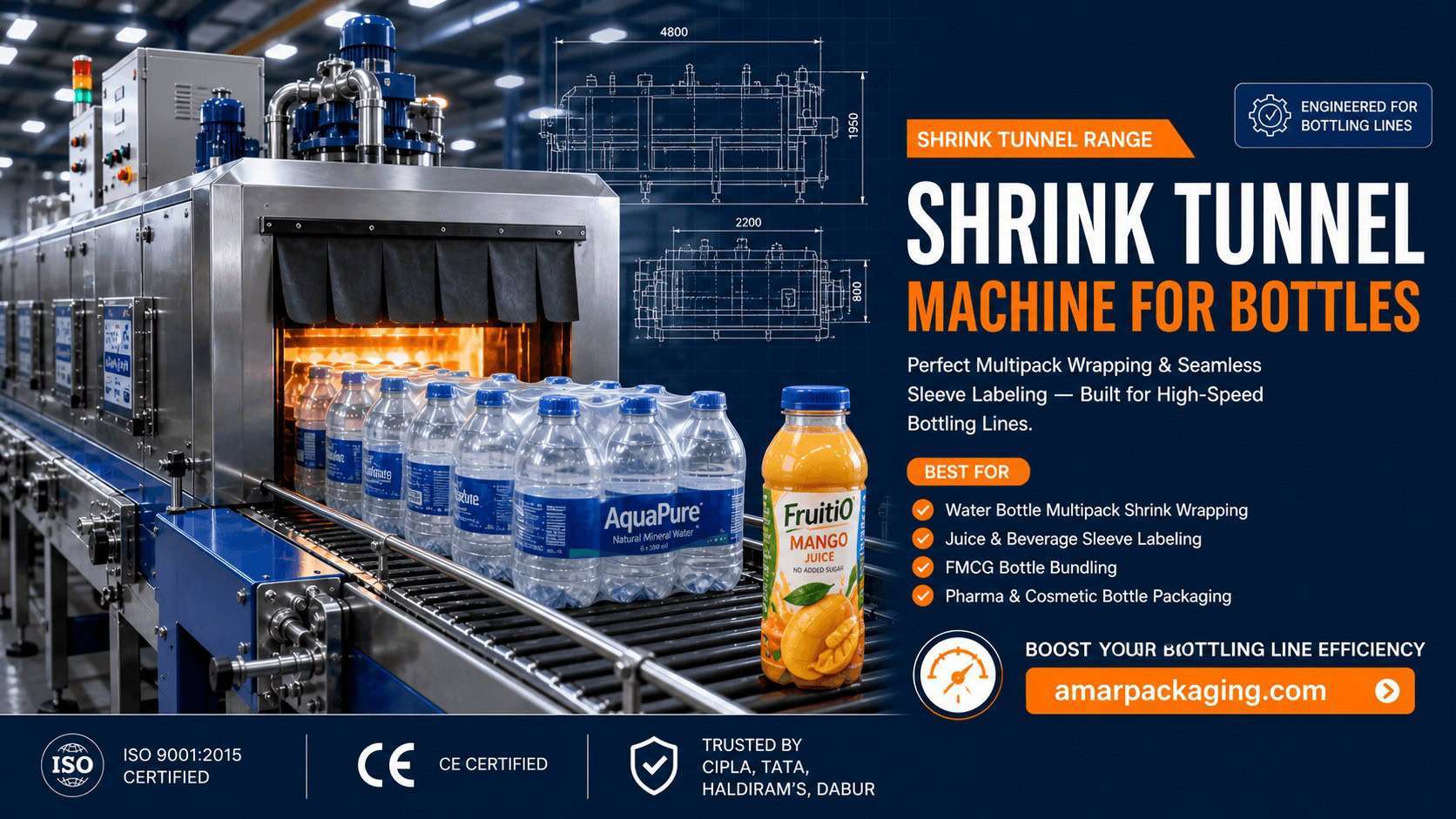 Industrial shrink tunnel machines for water, juice, oil, pharma & cosmetic bottles. Multipack wrapping & full-body sleeves. Built in India by Amarpack since 1998.