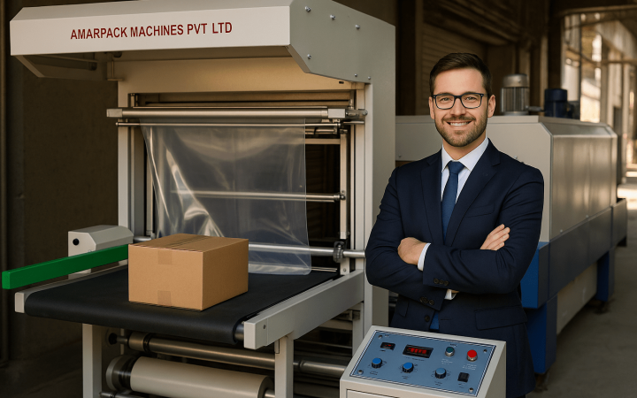Shrink Wrapping Machine for Your Business, Indian businessman unboxing a triple-function packaging machine, Automatic Web Sealer With Shrink tunnel Is the best packaging machine for group packaging of boxes, FMGC products as well as group packaging of bottles,